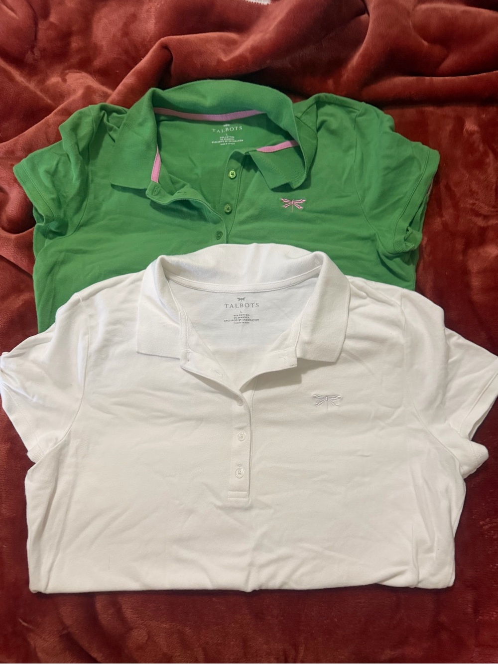 Talbots Green & White Short-Sleeve Polo Tops